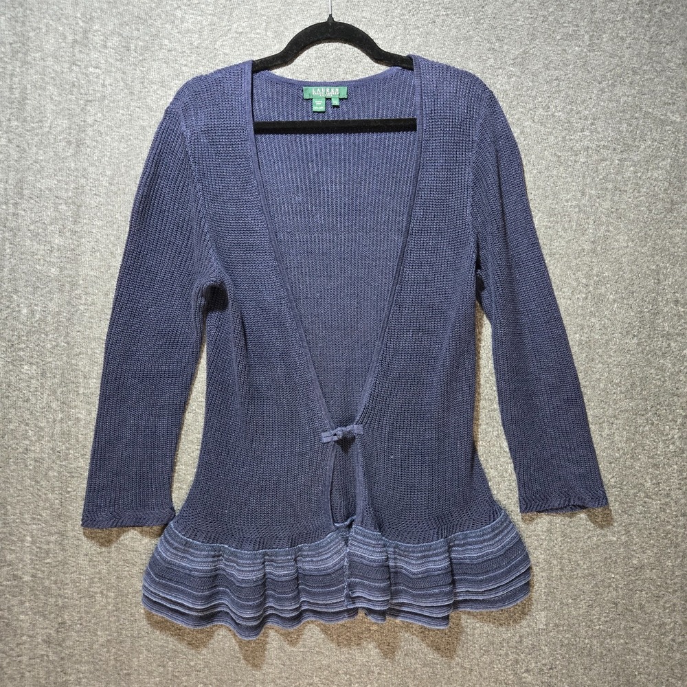 Ralph Lauren Blue Cardigan Sweater Tiered Ruffle Hem 3/4 Sleeves Petite L Linen